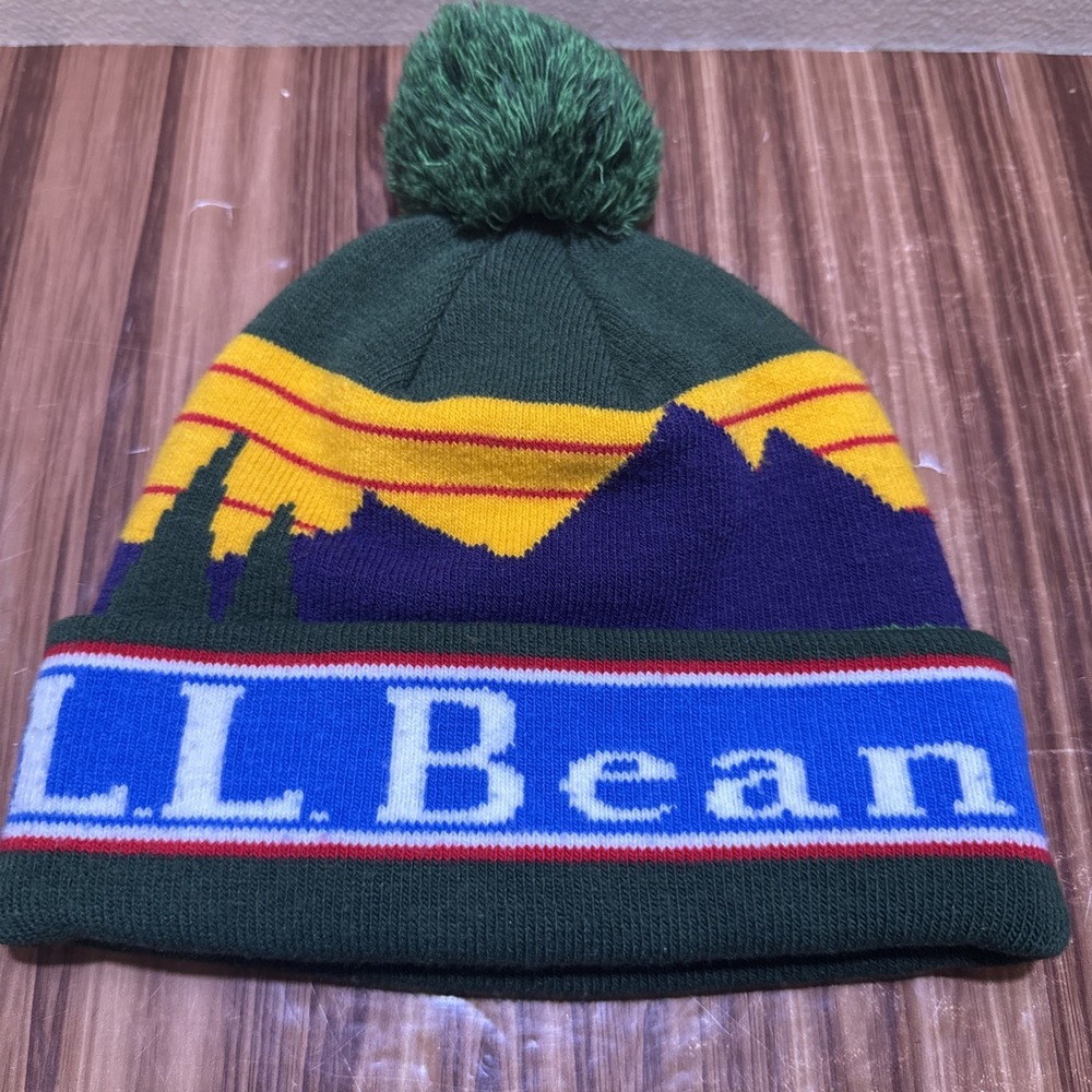 LL Bean Pom Pom Beanie Hat Snow Winter Cap Christmas Mountain Scene Katahdin - Picture 2 of 5